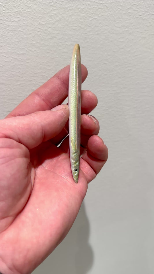 Handmade Sandeel 13.5 gram Holografic pearl/green/fluro White/orange stripe